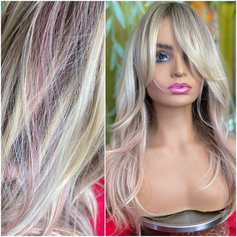 blonde with PINK highlights layered wig